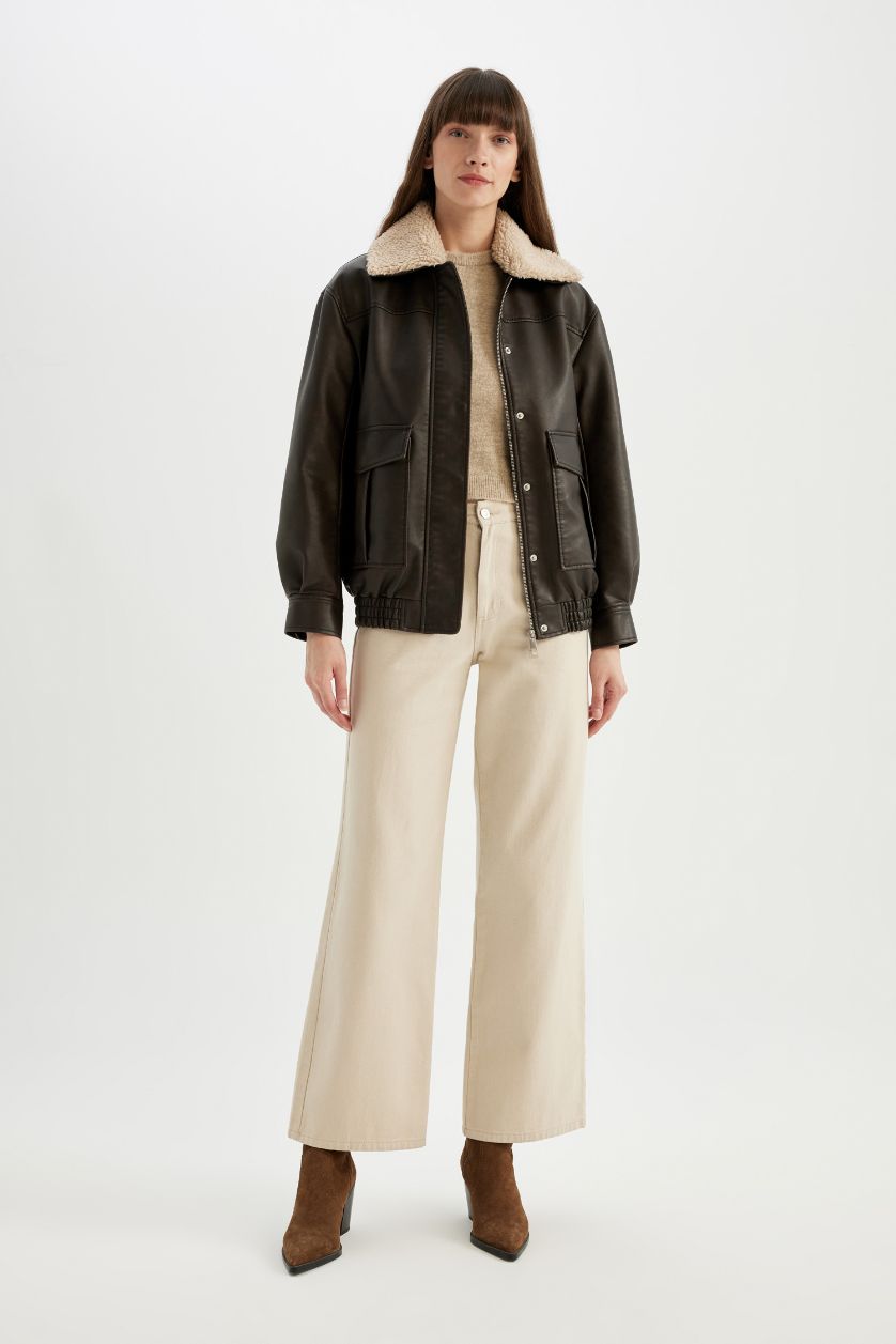 Woman Brown Regular Fit Faux Fur Collar Faux Leather Jacket