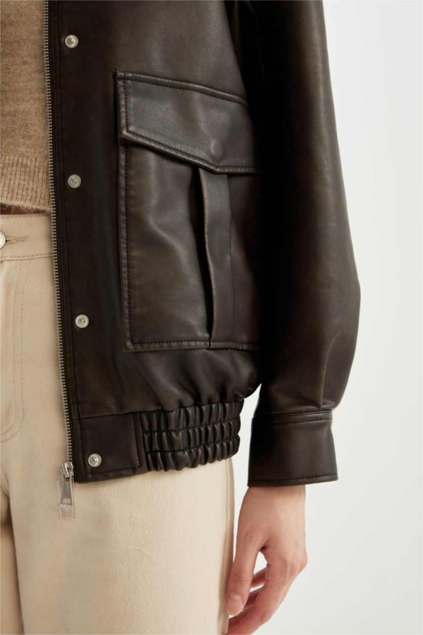 Woman Brown Regular Fit Faux Fur Collar Faux Leather Jacket