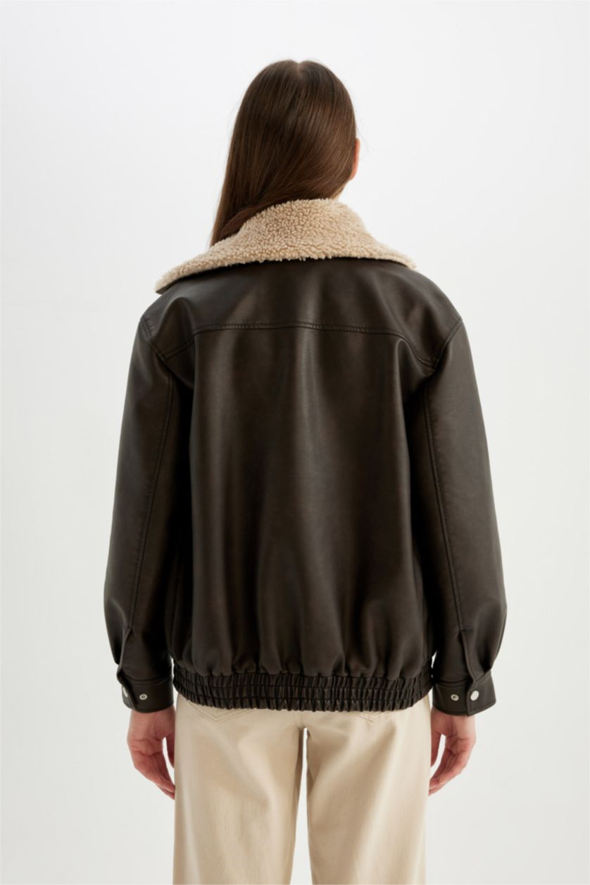 Woman Brown Regular Fit Faux Fur Collar Faux Leather Jacket