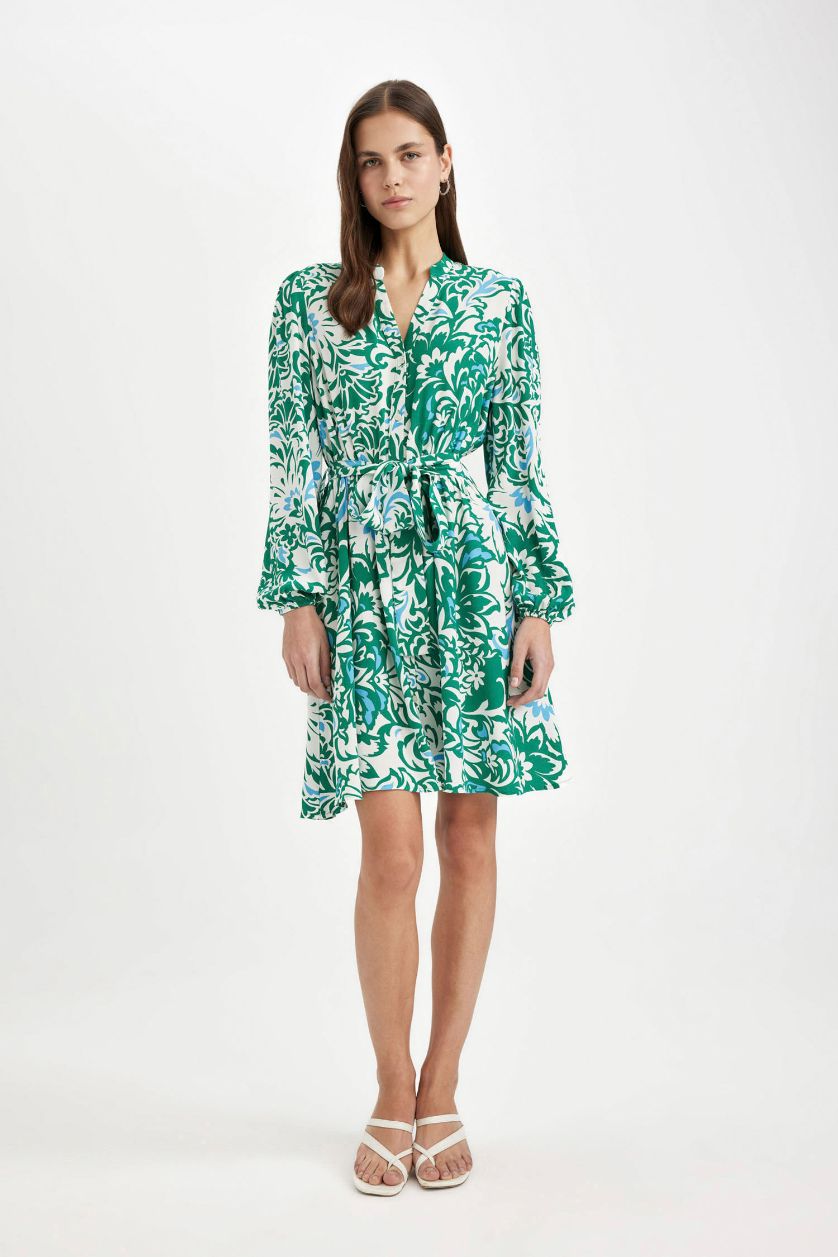 Әйелдерге Жасыл a-сызықты гүл с мойын ұзын жеңді Қысқа жеңді тоқылған көйлек