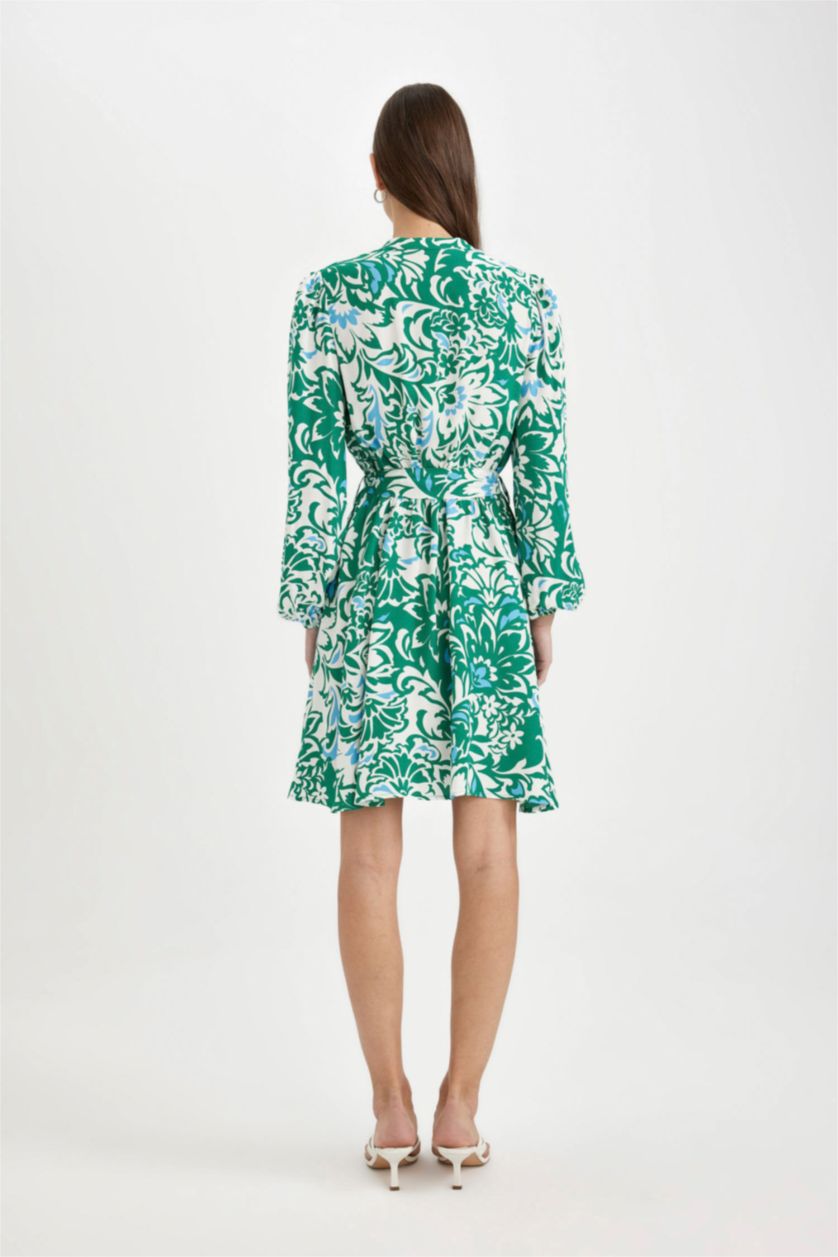 Әйелдерге Жасыл a-сызықты гүл с мойын ұзын жеңді Қысқа жеңді тоқылған көйлек