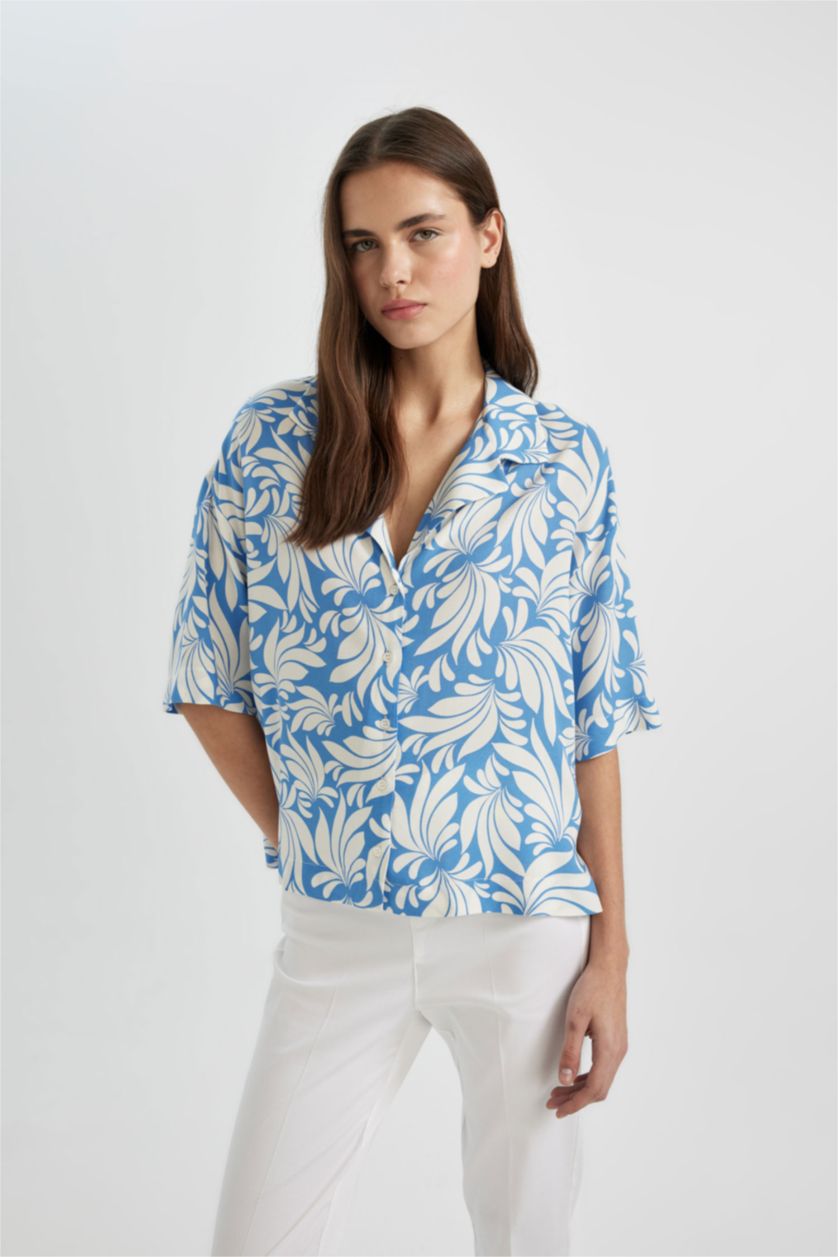 Kadın Kırık Beyaz Regular Fit Desenli Pijama Yaka Kısa Kollu Gömlek