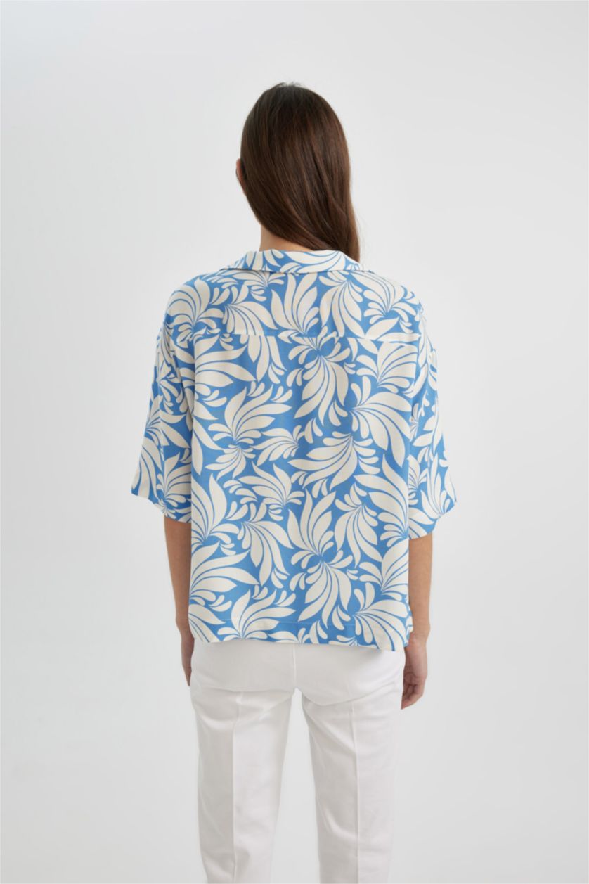 Kadın Kırık Beyaz Regular Fit Desenli Pijama Yaka Kısa Kollu Gömlek