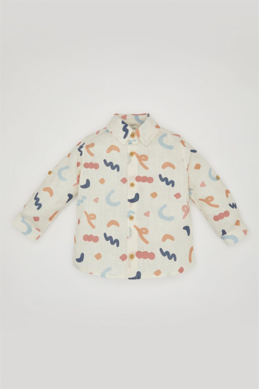 مولود ذكر أبيض قميص كم طويل ولادي بوبلين قصة عادية