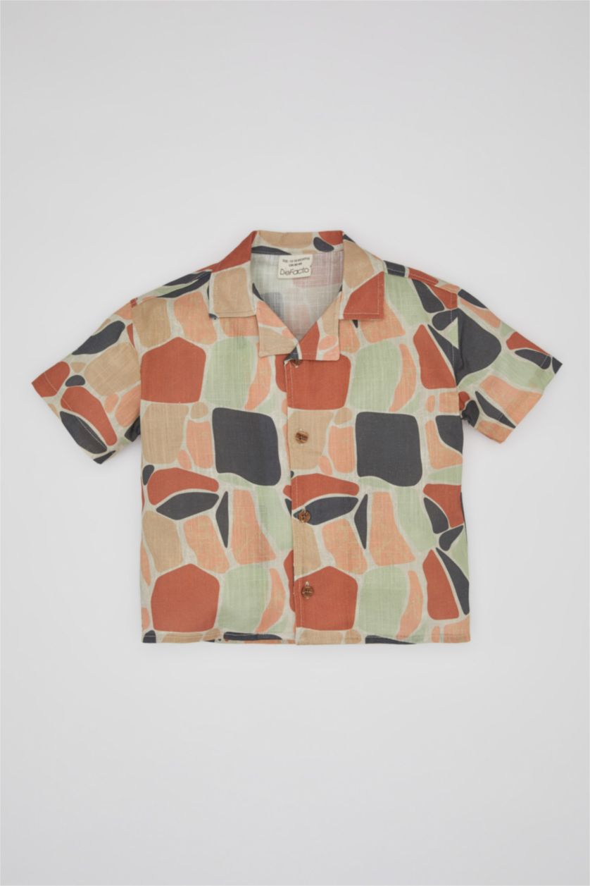 Baby Boy Light Stone Baby Boy Open Collar Flared Poplin Short Sleeve Shirt