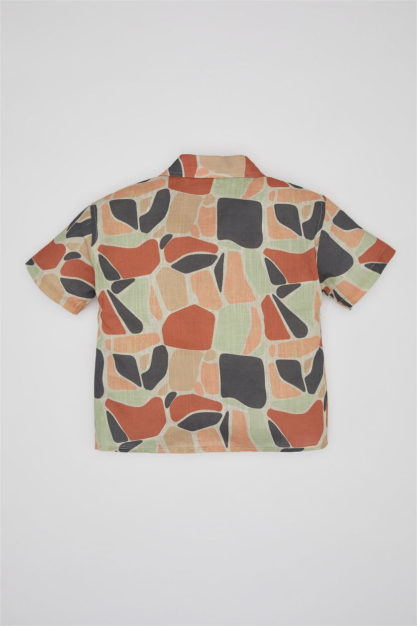 Baby Boy Light Stone Baby Boy Open Collar Flared Poplin Short Sleeve Shirt