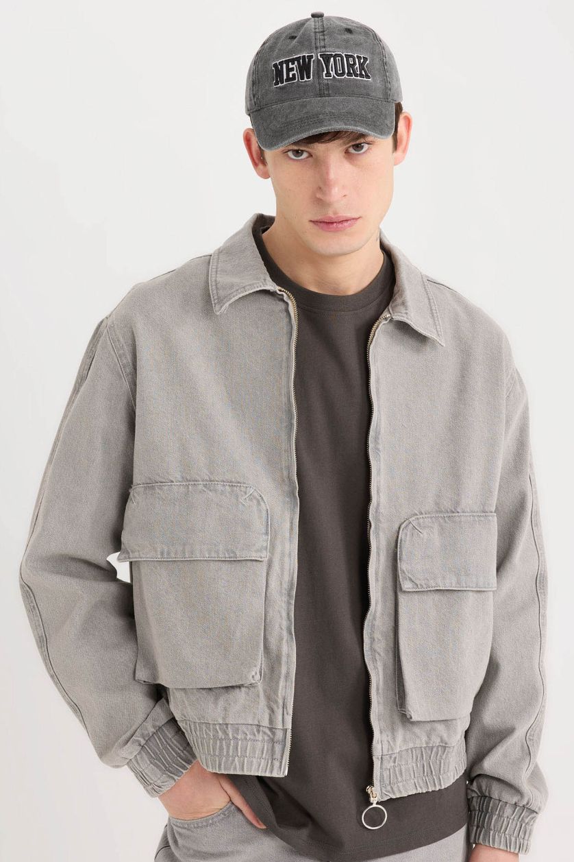 Erkek Gri %100 Pamuk Relax Fit Fermuarlı Cepli Denim Ceket