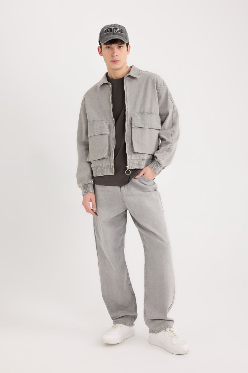 Erkek Gri %100 Pamuk Relax Fit Fermuarlı Cepli Denim Ceket