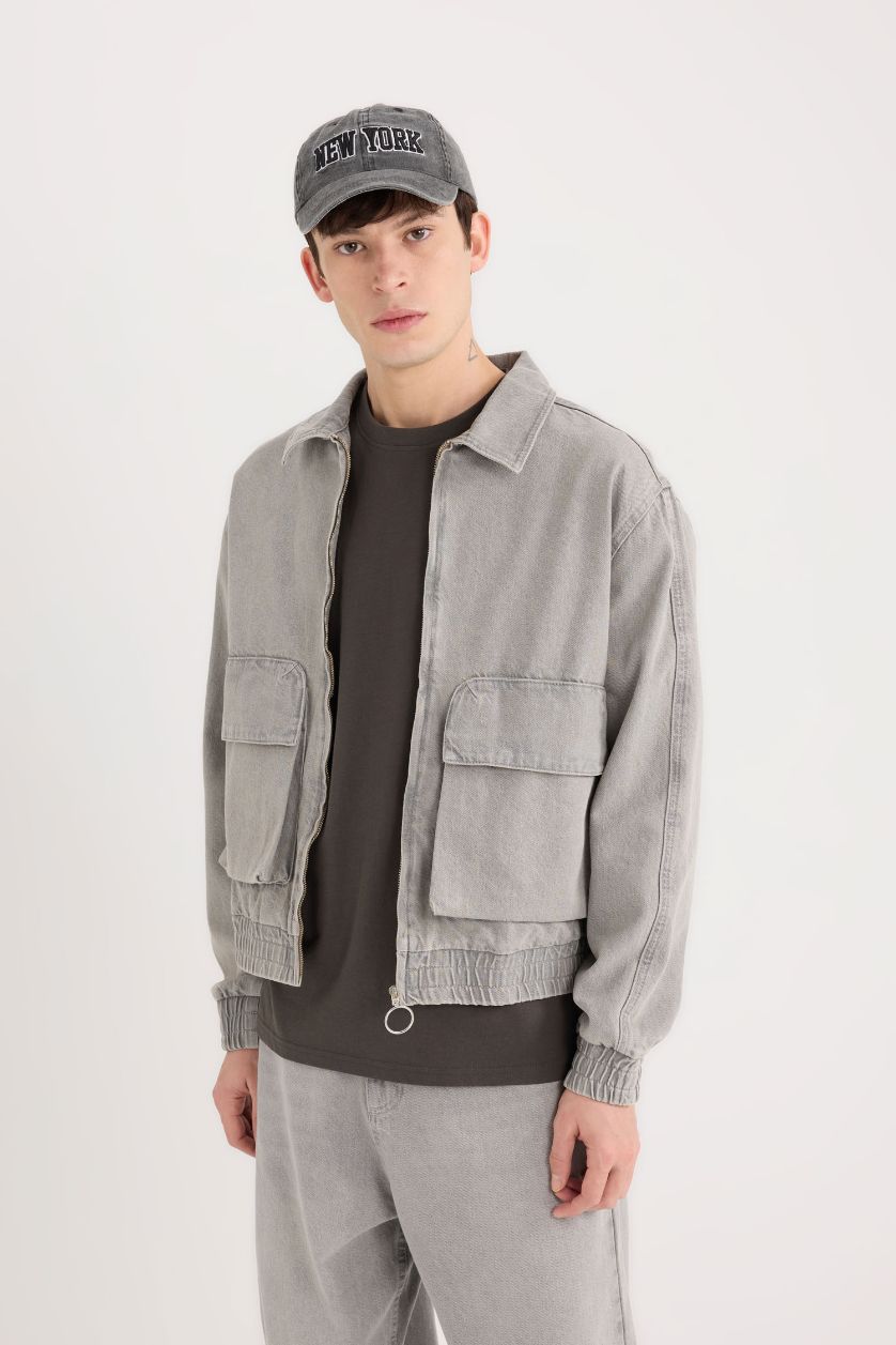 Erkek Gri %100 Pamuk Relax Fit Fermuarlı Cepli Denim Ceket