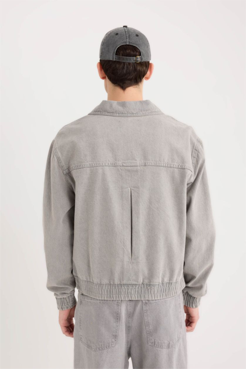 Erkek Gri %100 Pamuk Relax Fit Fermuarlı Cepli Denim Ceket