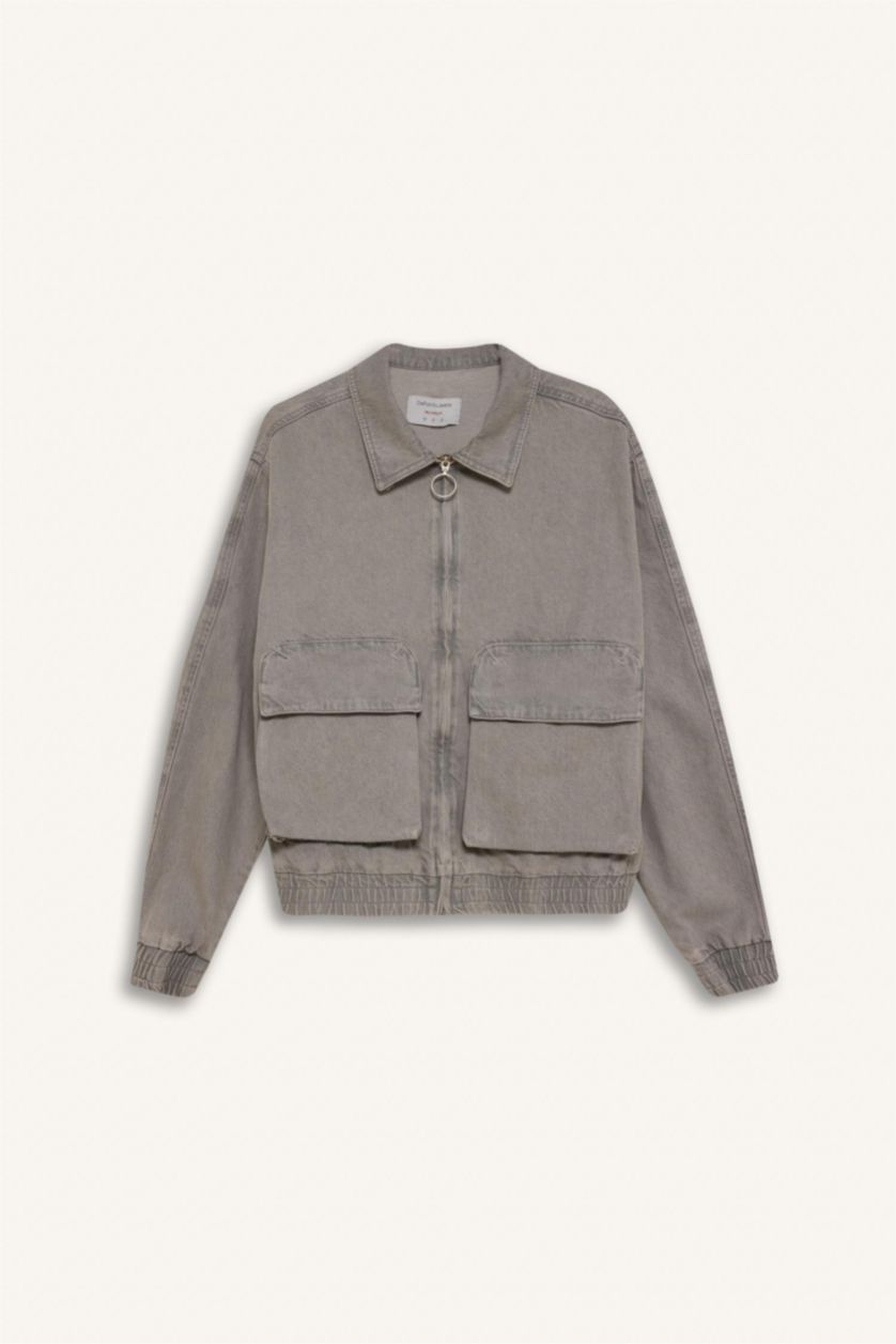 Erkek Gri %100 Pamuk Relax Fit Fermuarlı Cepli Denim Ceket