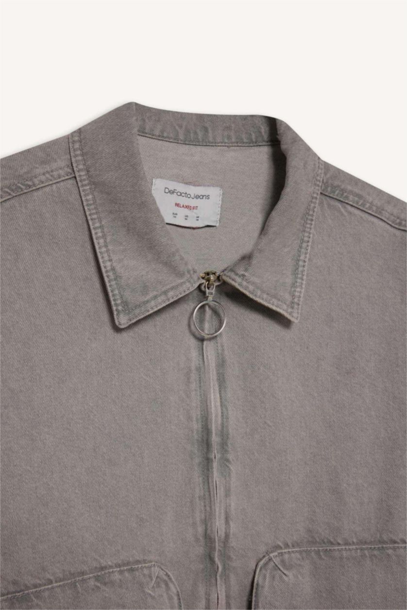 Erkek Gri %100 Pamuk Relax Fit Fermuarlı Cepli Denim Ceket