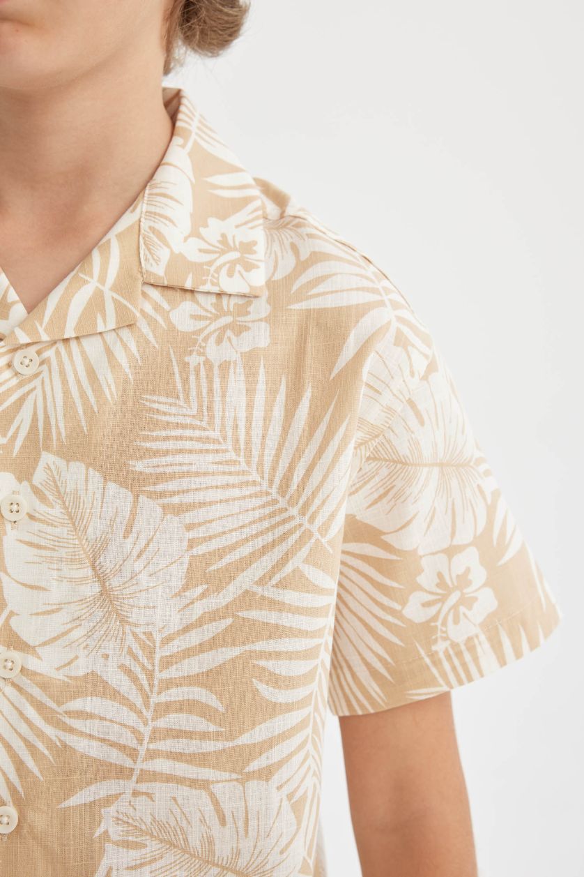 Erkek Çocuk - Genç Erkek Bej Polo Yaka Desenli Keten Görünümlü Kısa Kollu Gömlek Erkek Çocuk