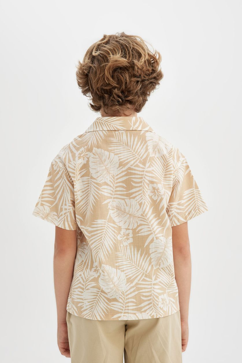 Erkek Çocuk - Genç Erkek Bej Polo Yaka Desenli Keten Görünümlü Kısa Kollu Gömlek Erkek Çocuk