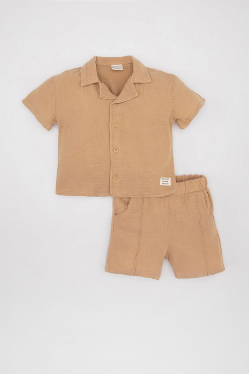 BABY BOY Beige Baby Boy Muslin Shirt Shorts 2 Piece Set