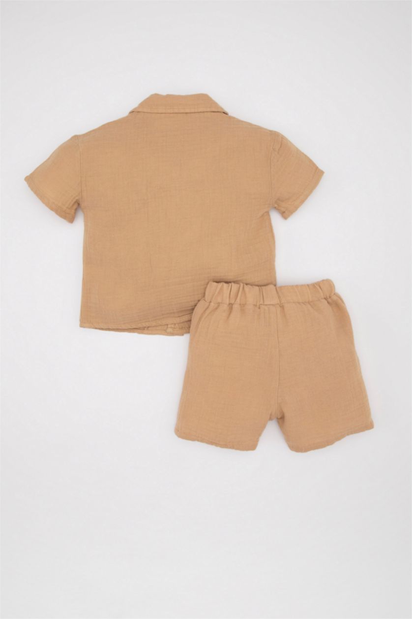 BABY BOY Beige Baby Boy Muslin Shirt Shorts 2 Piece Set