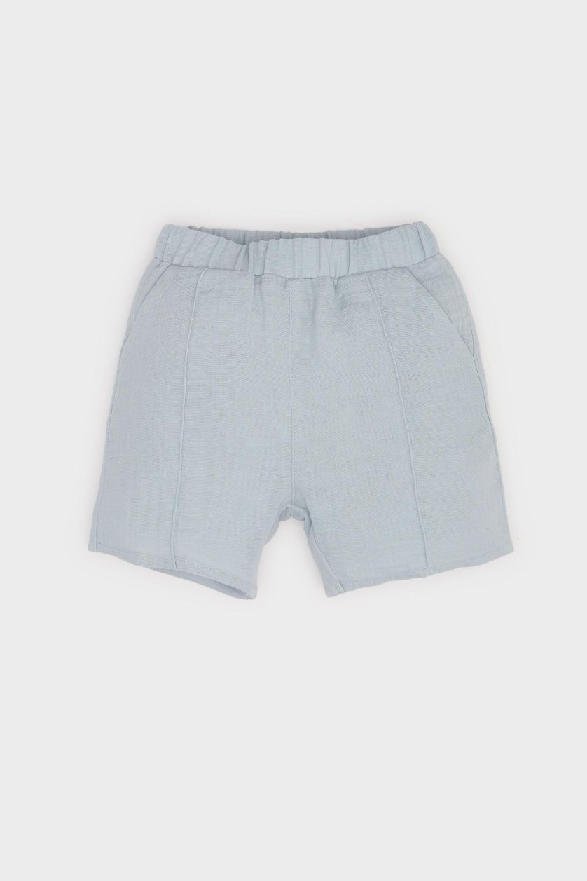 Erkek Bebek Mavi 2'li Takım Müslin Kısa Kollu Gömlek Beli Lastikli Şort Erkek Bebek