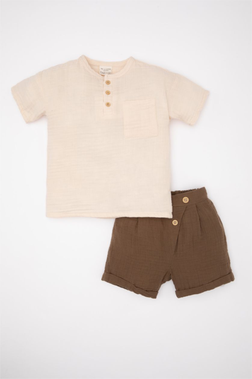 BABY BOY Light Stone Baby Boy Muslin Short Sleeve T-Shirt Shorts 2 Piece Set