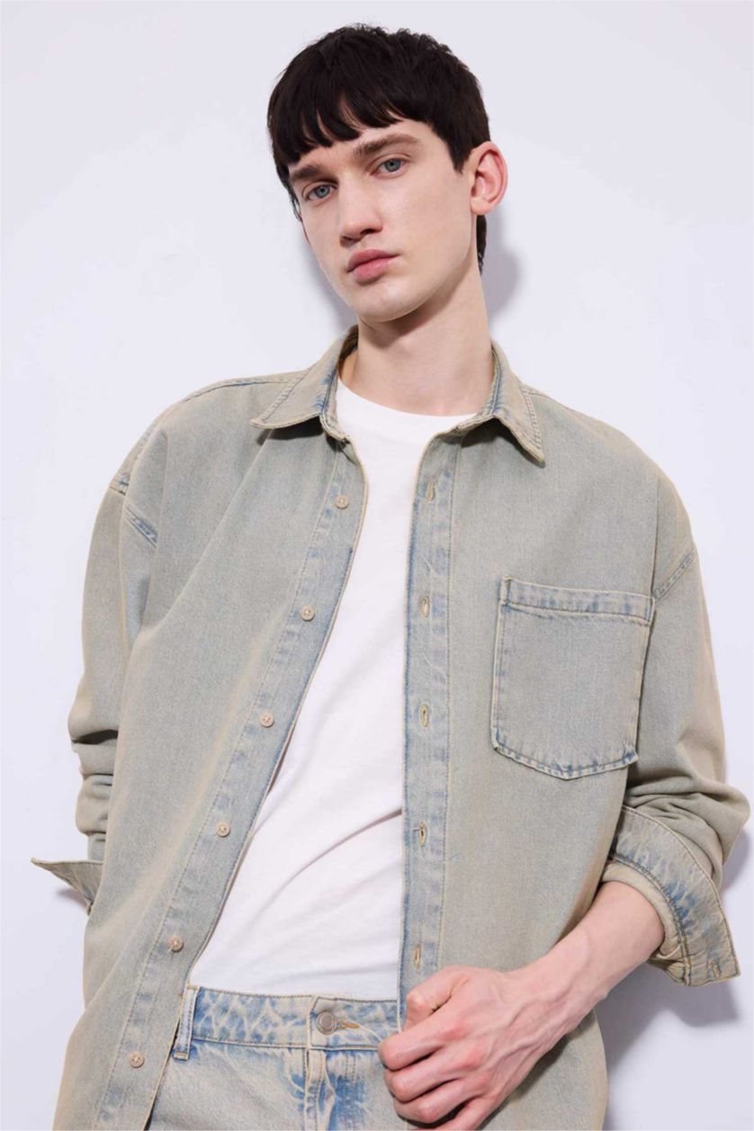 HOMME BLEU Clair Chemise en Jean Oversize à Manches Longues à effet décoloré