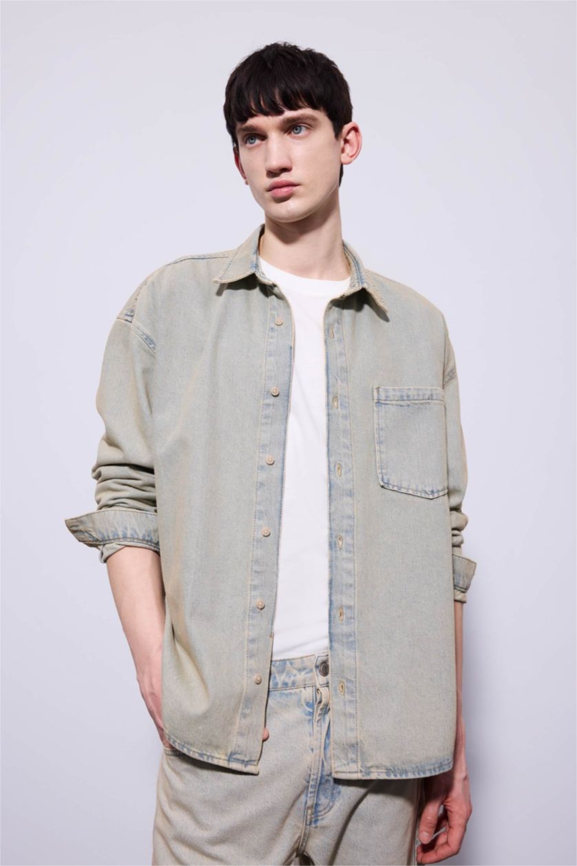 HOMME BLEU Clair Chemise en Jean Oversize à Manches Longues à effet décoloré