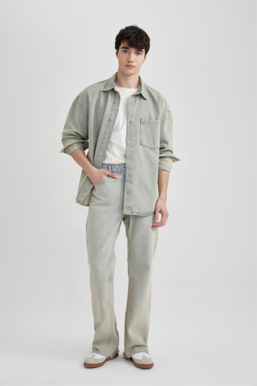 HOMME BLEU Clair Chemise en Jean Oversize à Manches Longues à effet décoloré