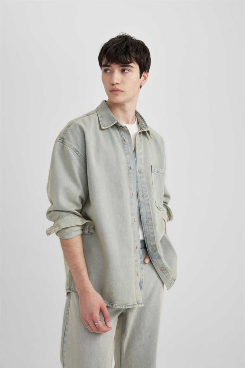 HOMME BLEU Clair Chemise en Jean Oversize à Manches Longues à effet décoloré