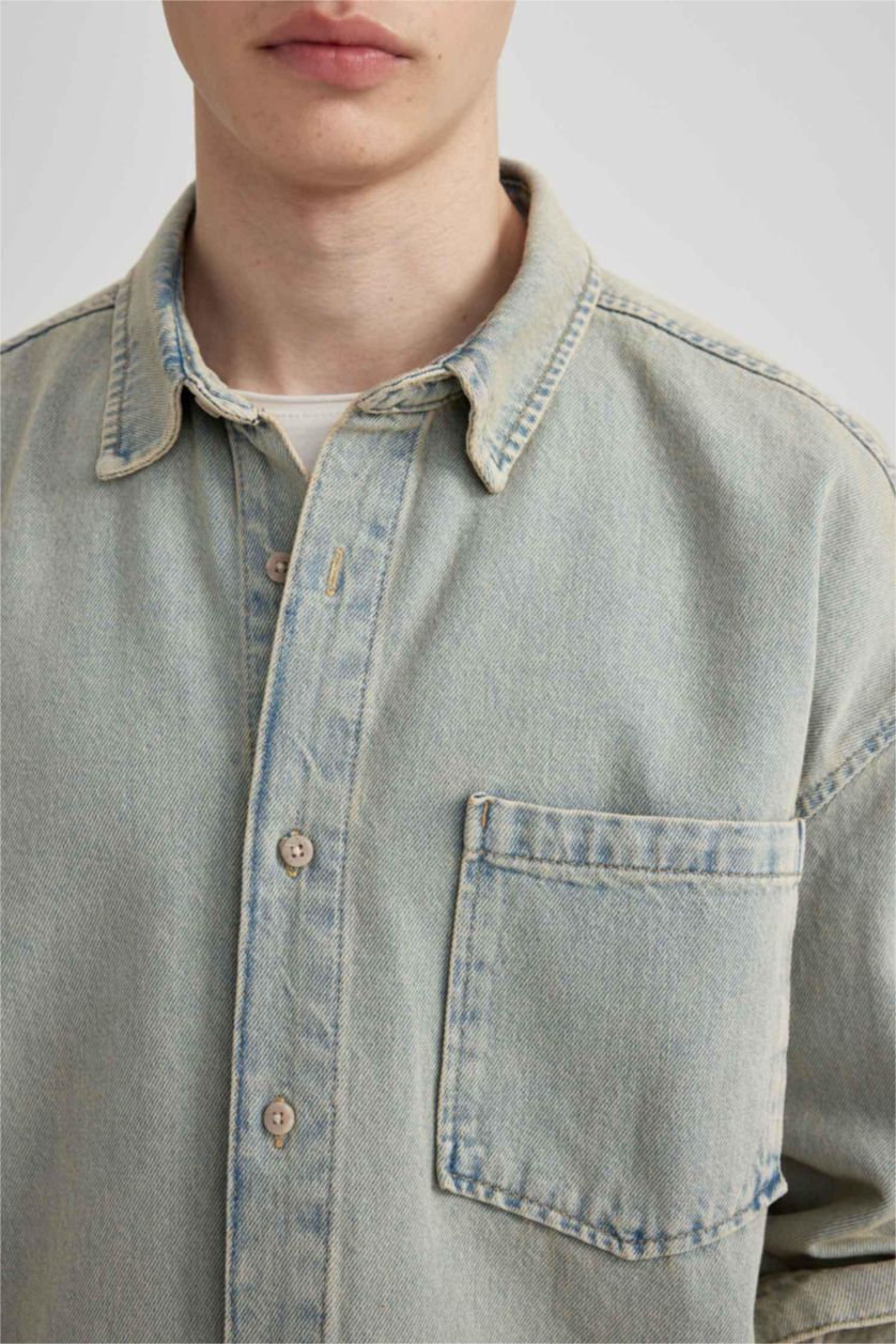 HOMME BLEU Clair Chemise en Jean Oversize à Manches Longues à effet décoloré