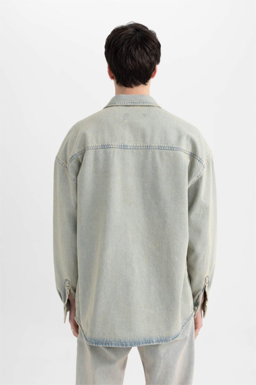 HOMME BLEU Clair Chemise en Jean Oversize à Manches Longues à effet décoloré
