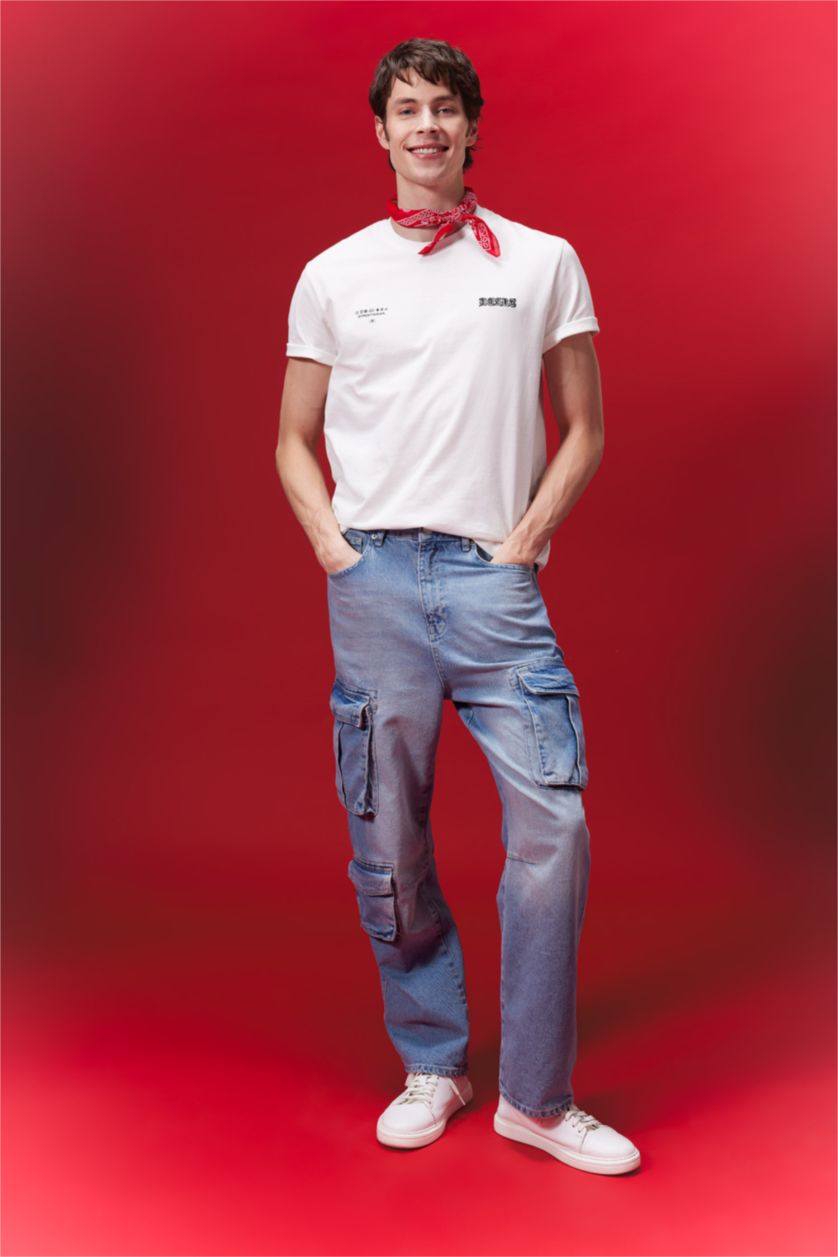 Erkek Ekru %100 Pamuk Regular Fit Bisiklet Yaka Sırt Baskılı Kısa Kollu Tişört