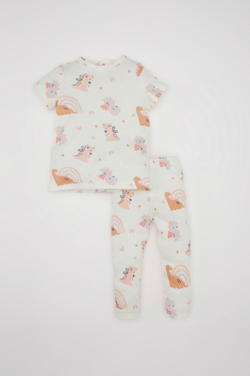 طفلة صغيرة بيج فاتح طقم بيجاما بيبي بناتي وافل قصة عادية بطبعة ديناصور - قطعتين
