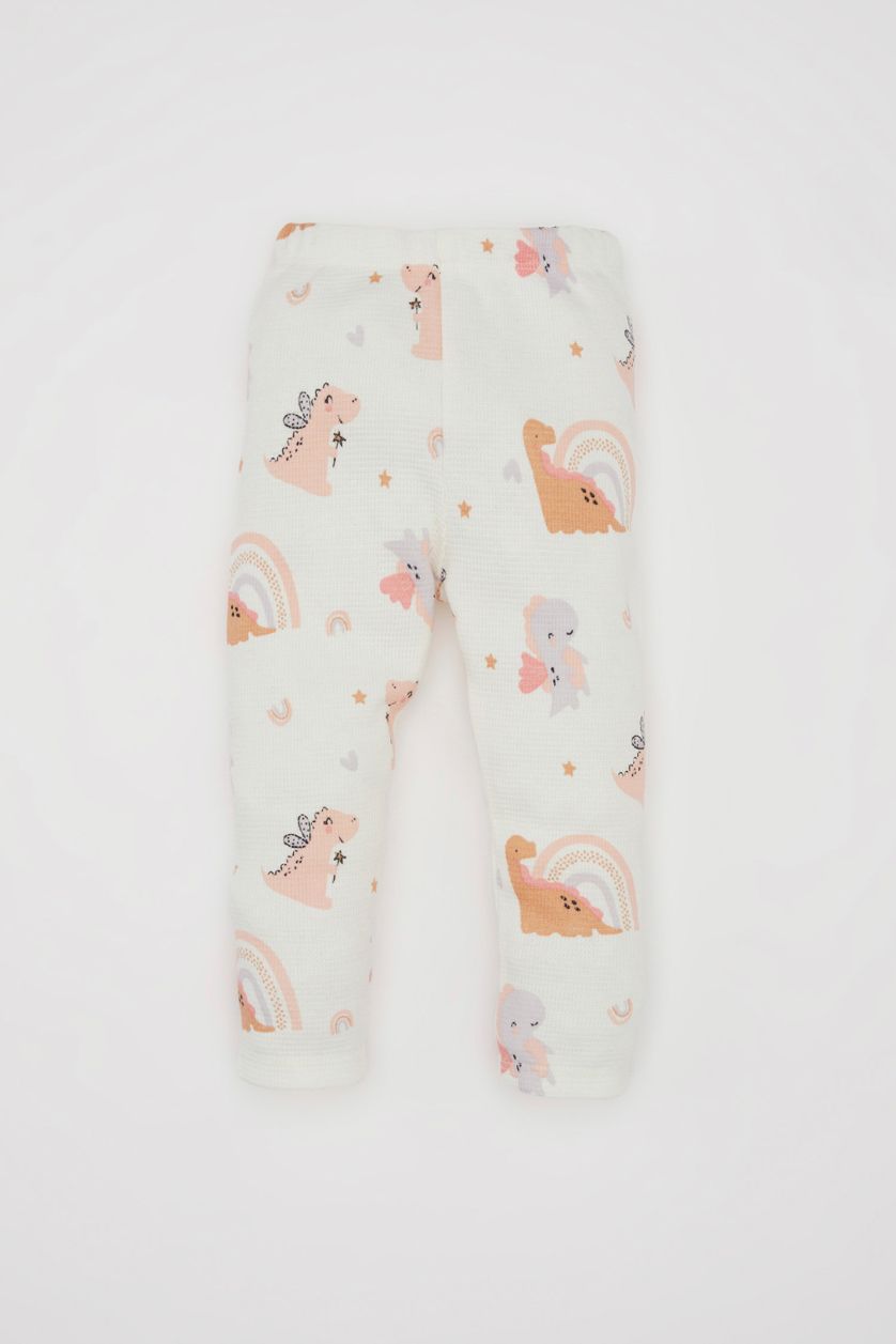 طفلة صغيرة بيج فاتح طقم بيجاما بيبي بناتي وافل قصة عادية بطبعة ديناصور - قطعتين