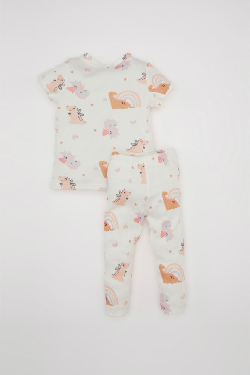طفلة صغيرة بيج فاتح طقم بيجاما بيبي بناتي وافل قصة عادية بطبعة ديناصور - قطعتين