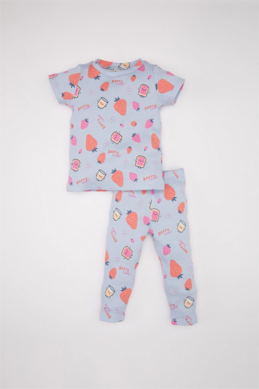Kız Bebek Açık Mavi Kız Bebek Pijama Takımı Fitilli Kaşkorse Desenli Kısa Kollu Üst Uzun Alt