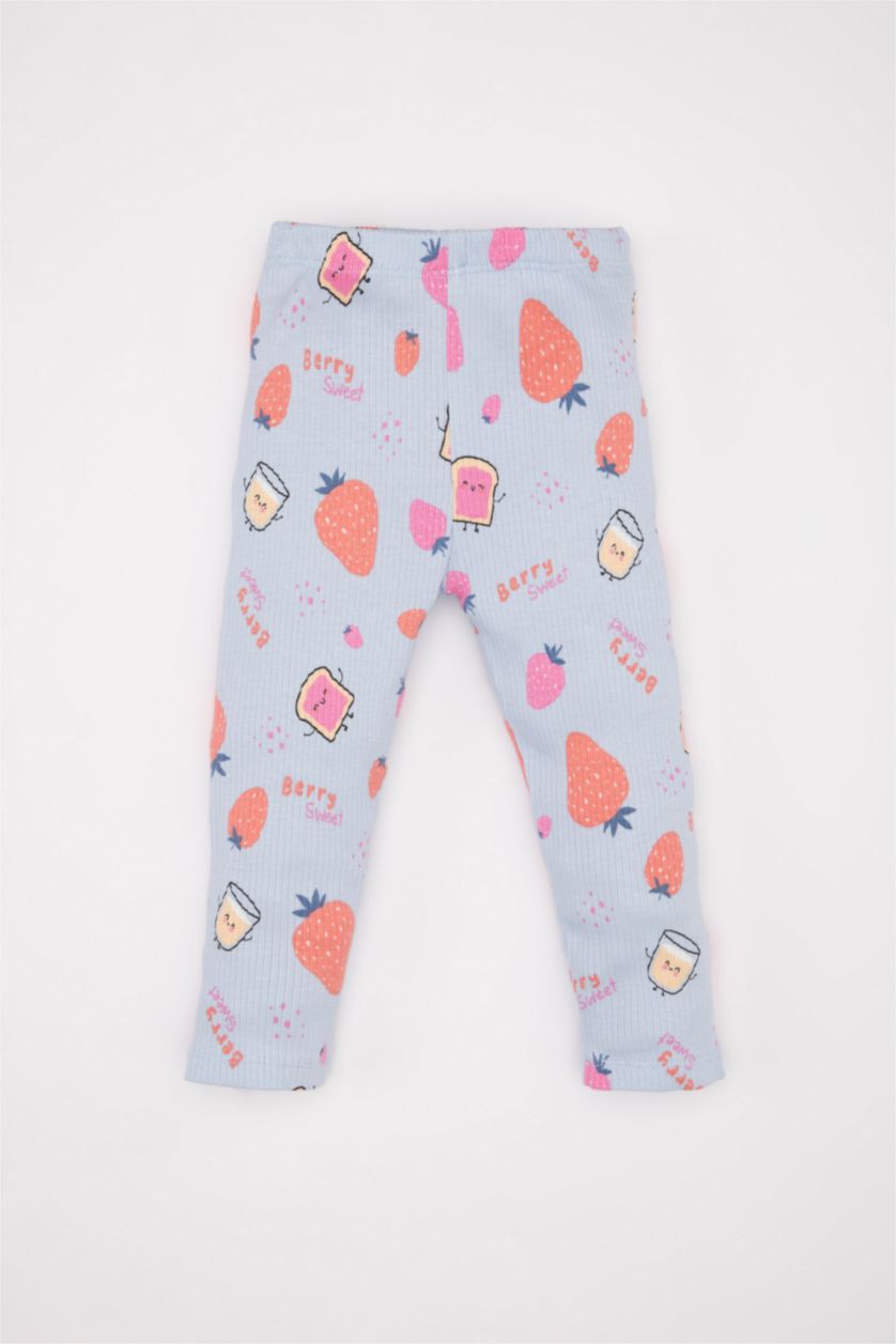 Kız Bebek Açık Mavi Kız Bebek Pijama Takımı Fitilli Kaşkorse Desenli Kısa Kollu Üst Uzun Alt