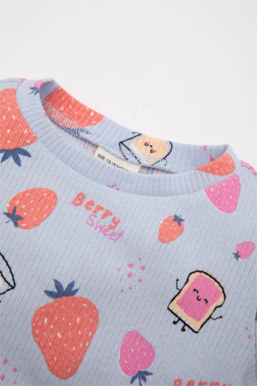 Kız Bebek Açık Mavi Kız Bebek Pijama Takımı Fitilli Kaşkorse Desenli Kısa Kollu Üst Uzun Alt