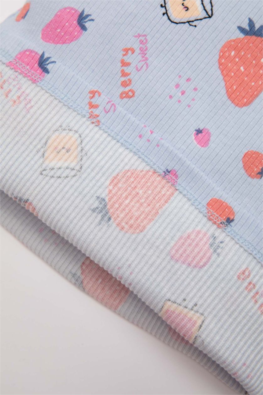 Kız Bebek Açık Mavi Kız Bebek Pijama Takımı Fitilli Kaşkorse Desenli Kısa Kollu Üst Uzun Alt