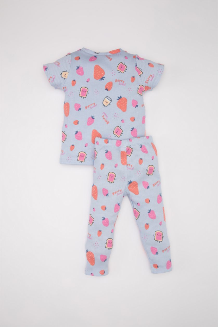 Kız Bebek Açık Mavi Kız Bebek Pijama Takımı Fitilli Kaşkorse Desenli Kısa Kollu Üst Uzun Alt