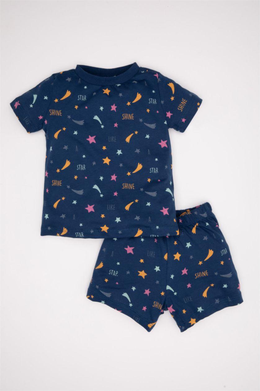 Kız Bebek Açık İndigo Kız Bebek Penye Pijama Takımı Yıldız Desenli Karanlıkta Parlayan Kısa Kollu Üst Şort