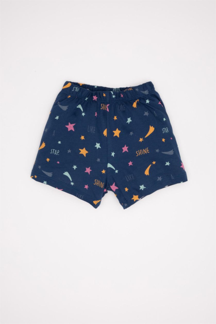 Kız Bebek Açık İndigo Kız Bebek Penye Pijama Takımı Yıldız Desenli Karanlıkta Parlayan Kısa Kollu Üst Şort