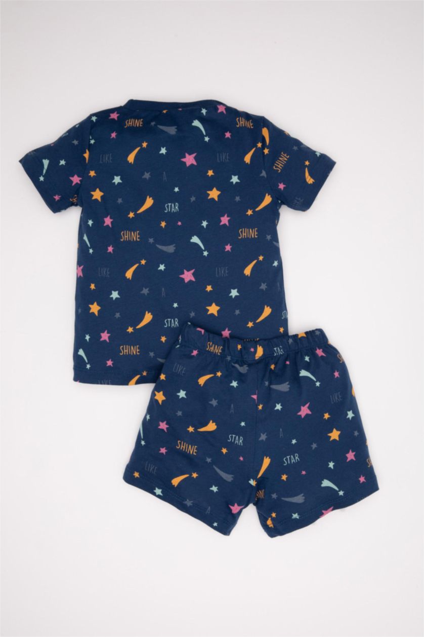 Kız Bebek Açık İndigo Kız Bebek Penye Pijama Takımı Yıldız Desenli Karanlıkta Parlayan Kısa Kollu Üst Şort
