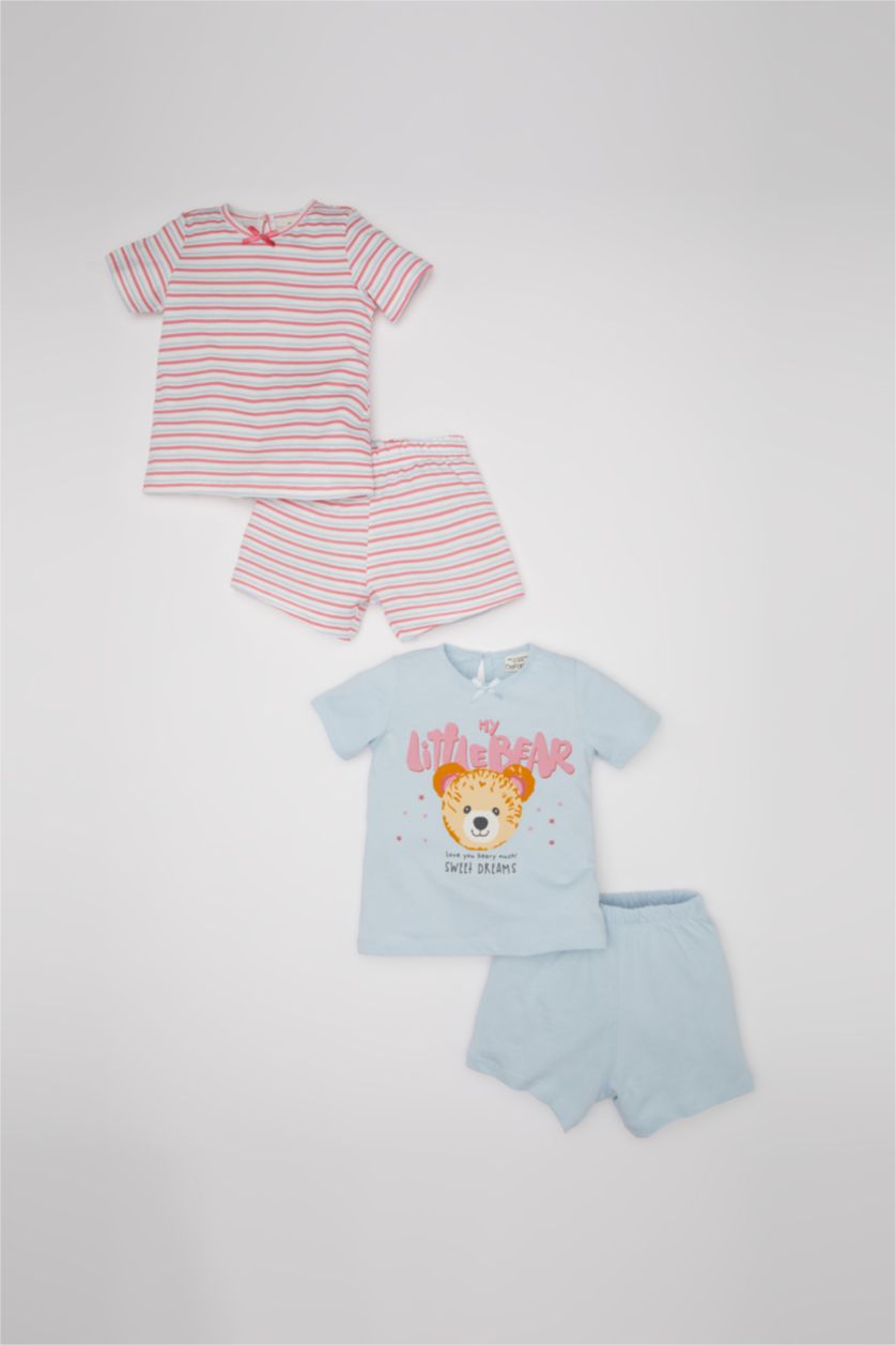 BABY GIRL Light Blue Baby Girl Bear Printed Cotton 4 Piece Pajama Set