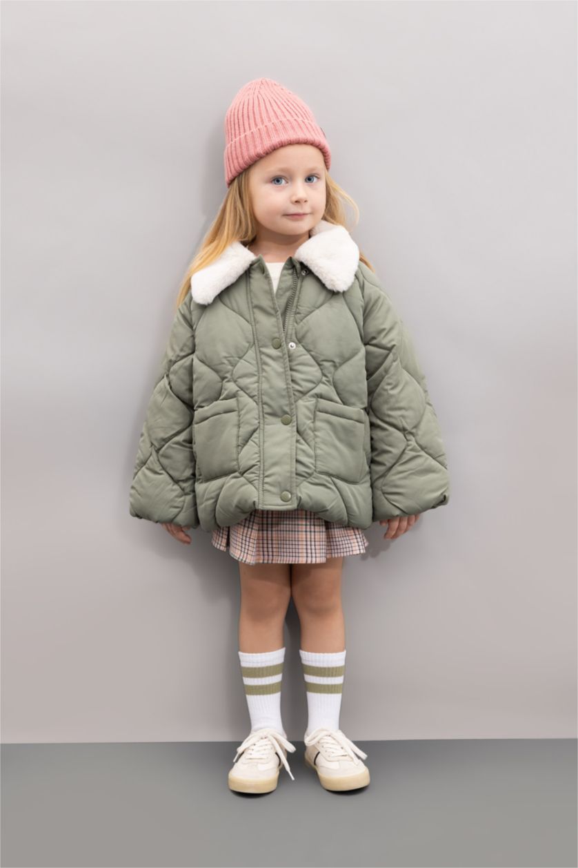 Kız Bebek Haki Kız Bebek Su Geçirmez Kapitoneli Pelüş Yaka Cepli Çıtçıtlı Fermuarlı Mont