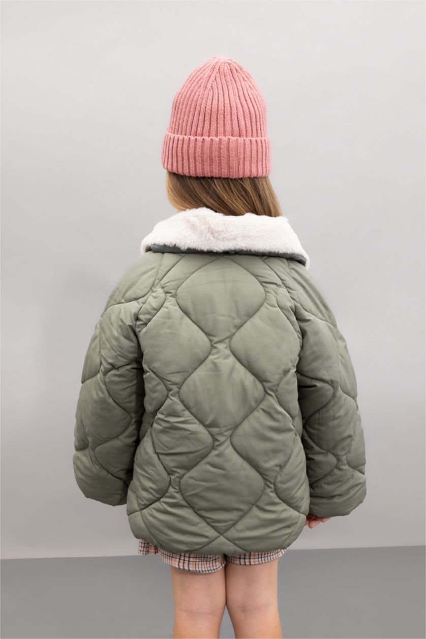 Kız Bebek Haki Kız Bebek Su Geçirmez Kapitoneli Pelüş Yaka Cepli Çıtçıtlı Fermuarlı Mont