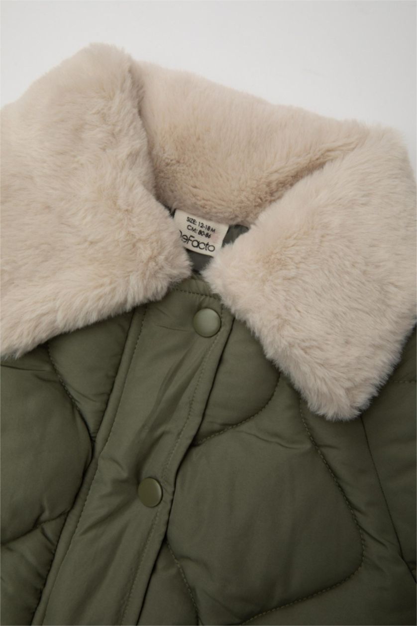 Kız Bebek Haki Kız Bebek Su Geçirmez Kapitoneli Pelüş Yaka Cepli Çıtçıtlı Fermuarlı Mont