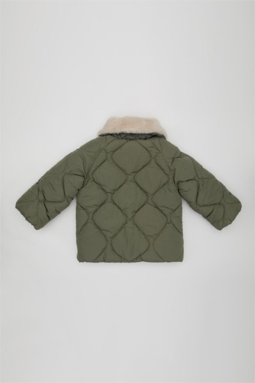 Kız Bebek Haki Kız Bebek Su Geçirmez Kapitoneli Pelüş Yaka Cepli Çıtçıtlı Fermuarlı Mont
