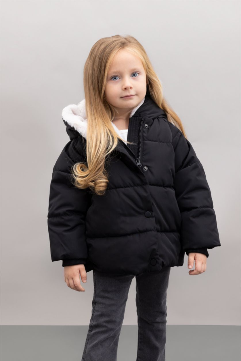 BABY GIRL Black Baby Girl Windproof Buttoned Faux Fur Lined Waterproof Jacket