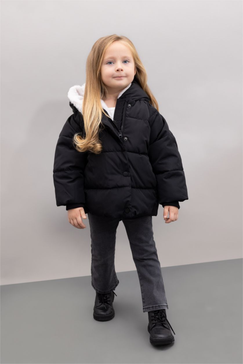 BABY GIRL Black Baby Girl Windproof Buttoned Faux Fur Lined Waterproof Jacket