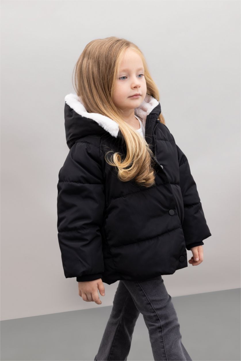BABY GIRL Black Baby Girl Windproof Buttoned Faux Fur Lined Waterproof Jacket