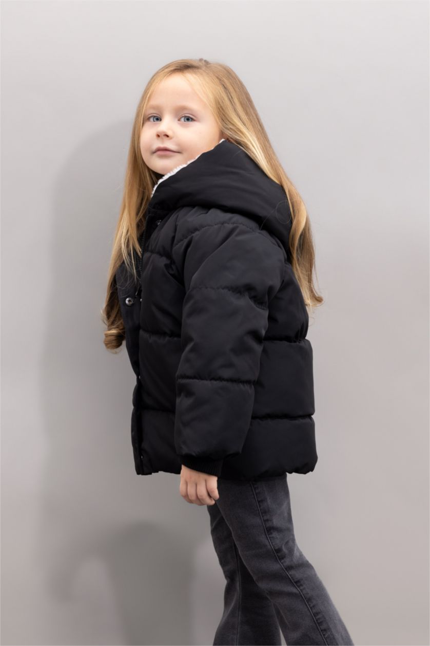 BABY GIRL Black Baby Girl Windproof Buttoned Faux Fur Lined Waterproof Jacket