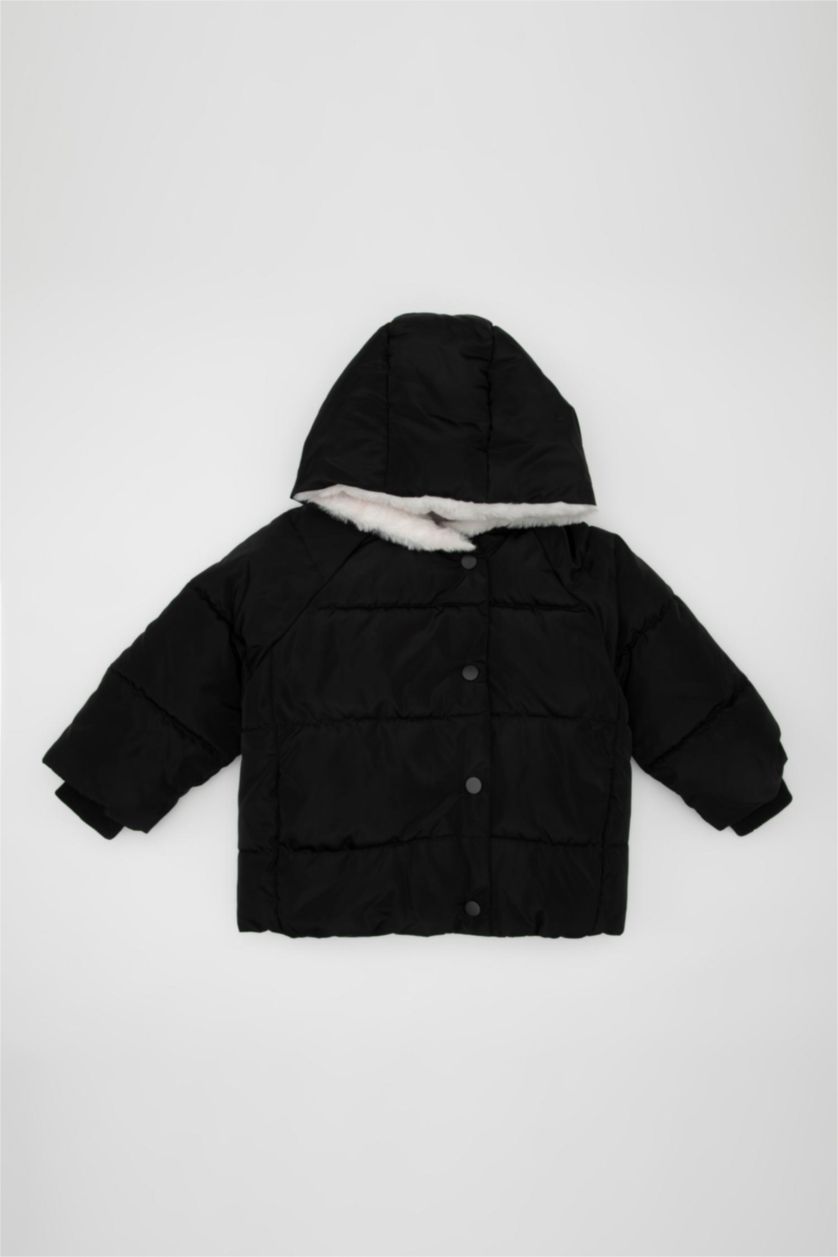 BABY GIRL Black Baby Girl Windproof Buttoned Faux Fur Lined Waterproof Jacket